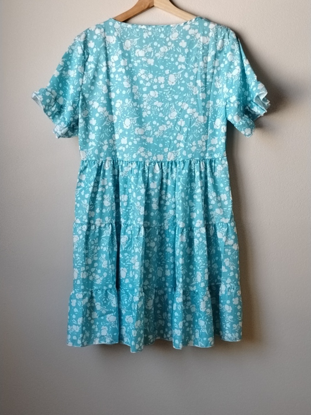 Classic Aqua Floral Women's Dress with Ruffle Sleeves - Picture 7 of 10